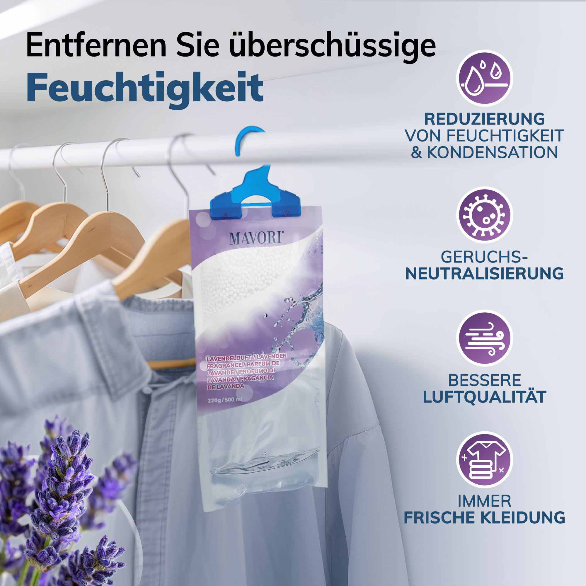 Luftentfeuchter zum Aufhängen - hilft gegen Feuchtigkeit, Schimmel und Gerüche - mit LAVENDELDUFT - NEU