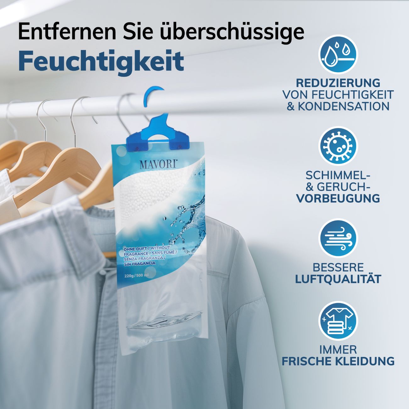 Luftentfeuchter zum Aufhängen - hilft gegen Feuchtigkeit, Schimmel und Gerüche - in 5er bis 30er Set erhältich
