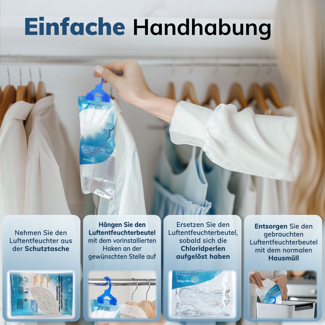 Luftentfeuchter zum Aufhängen - hilft gegen Feuchtigkeit, Schimmel und Gerüche - in 5er bis 30er Set erhältich