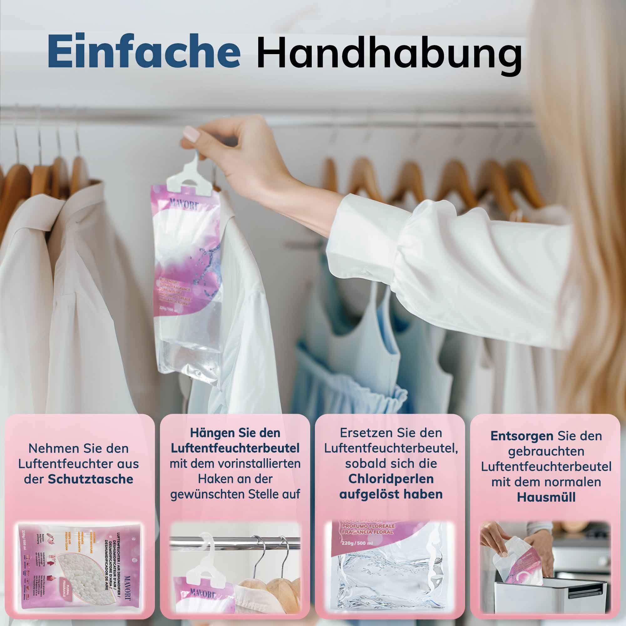 Luftentfeuchter zum Aufhängen - hilft gegen Feuchtigkeit, Schimmel und Gerüche - mit BLÜTENDUFT - NEU