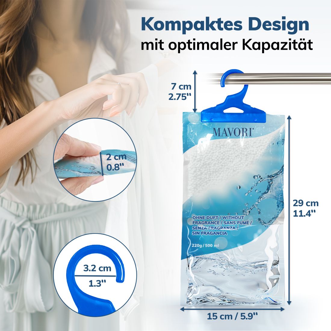 PROFI KLIMA-SET: ANALOGES HYGROMETER-THERMOMETER AUS EDELSTAHL & 10 x LUFTENTFEUCHTER-BEUTEL