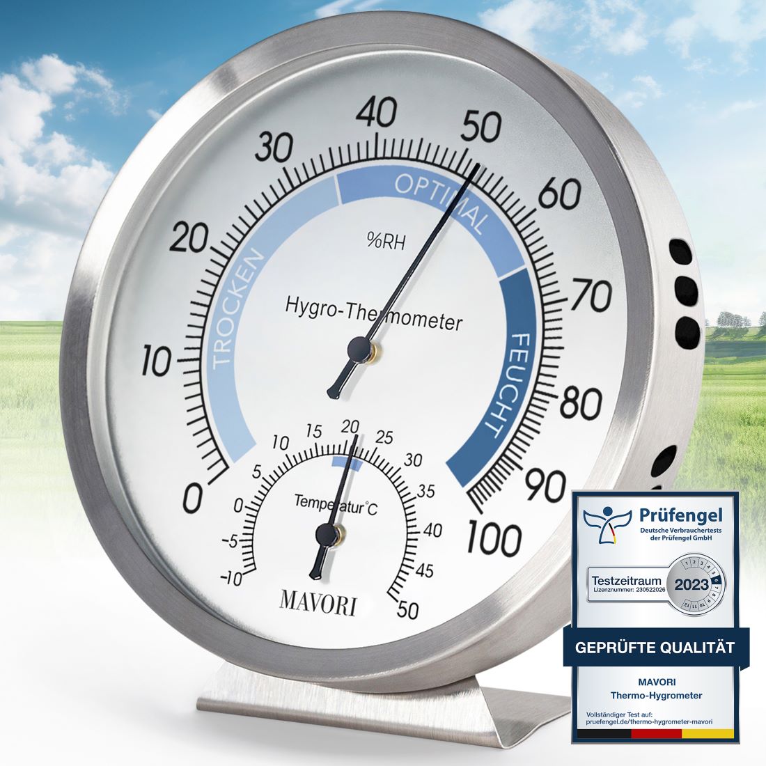 PROFI KLIMA-SET: ANALOGES HYGROMETER-THERMOMETER AUS EDELSTAHL & 10 x LUFTENTFEUCHTER-BEUTEL
