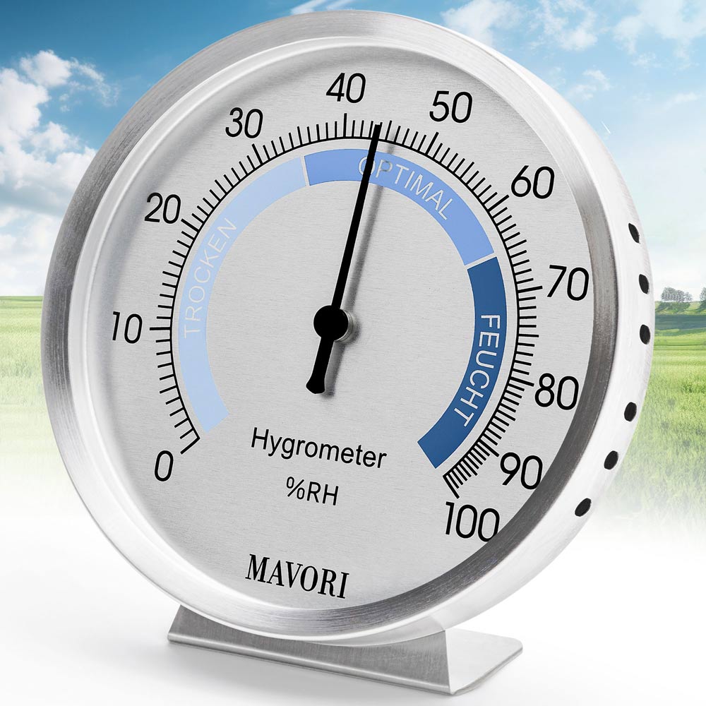 ANALOGER HYGROMETER aus Edelstahl -  präzise & stilvoll - batteriefrei - Ø 9,5 cm