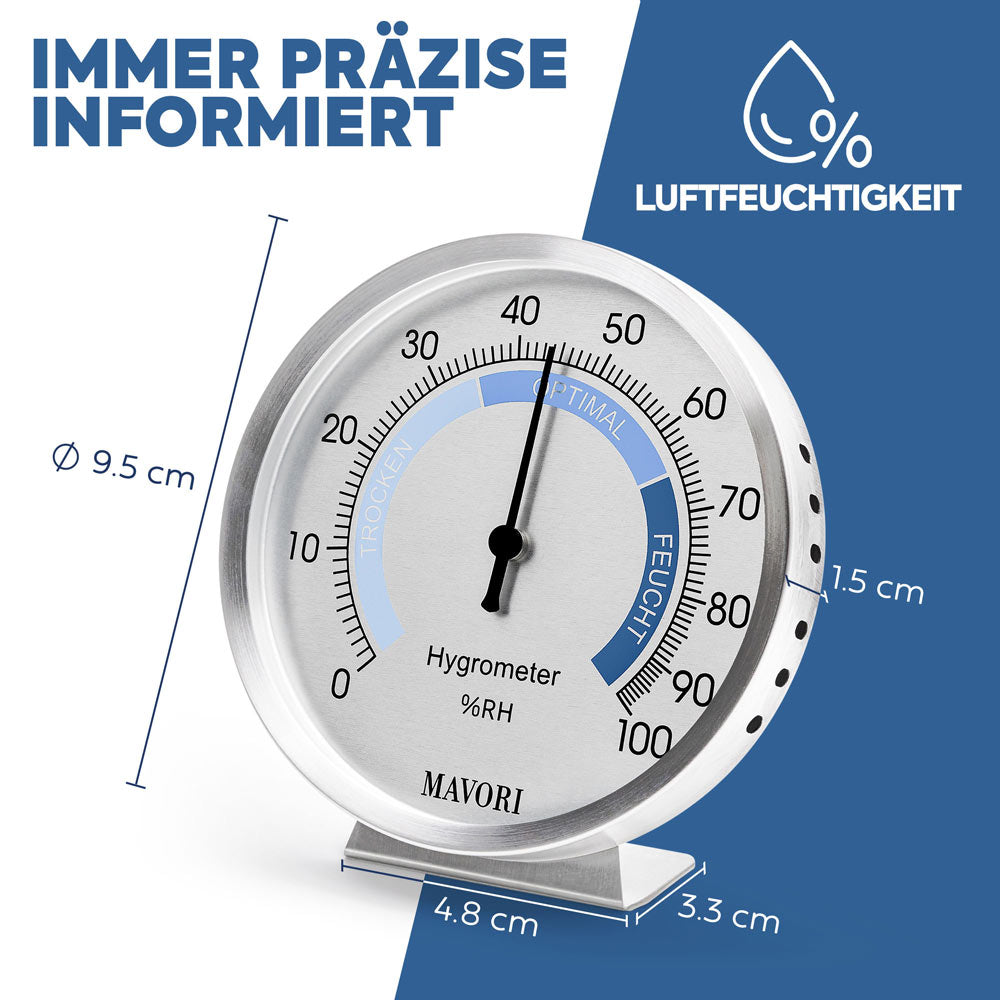 ANALOGER HYGROMETER aus Edelstahl - präzise & stilvoll - batteriefrei - Ø 9,5 cm