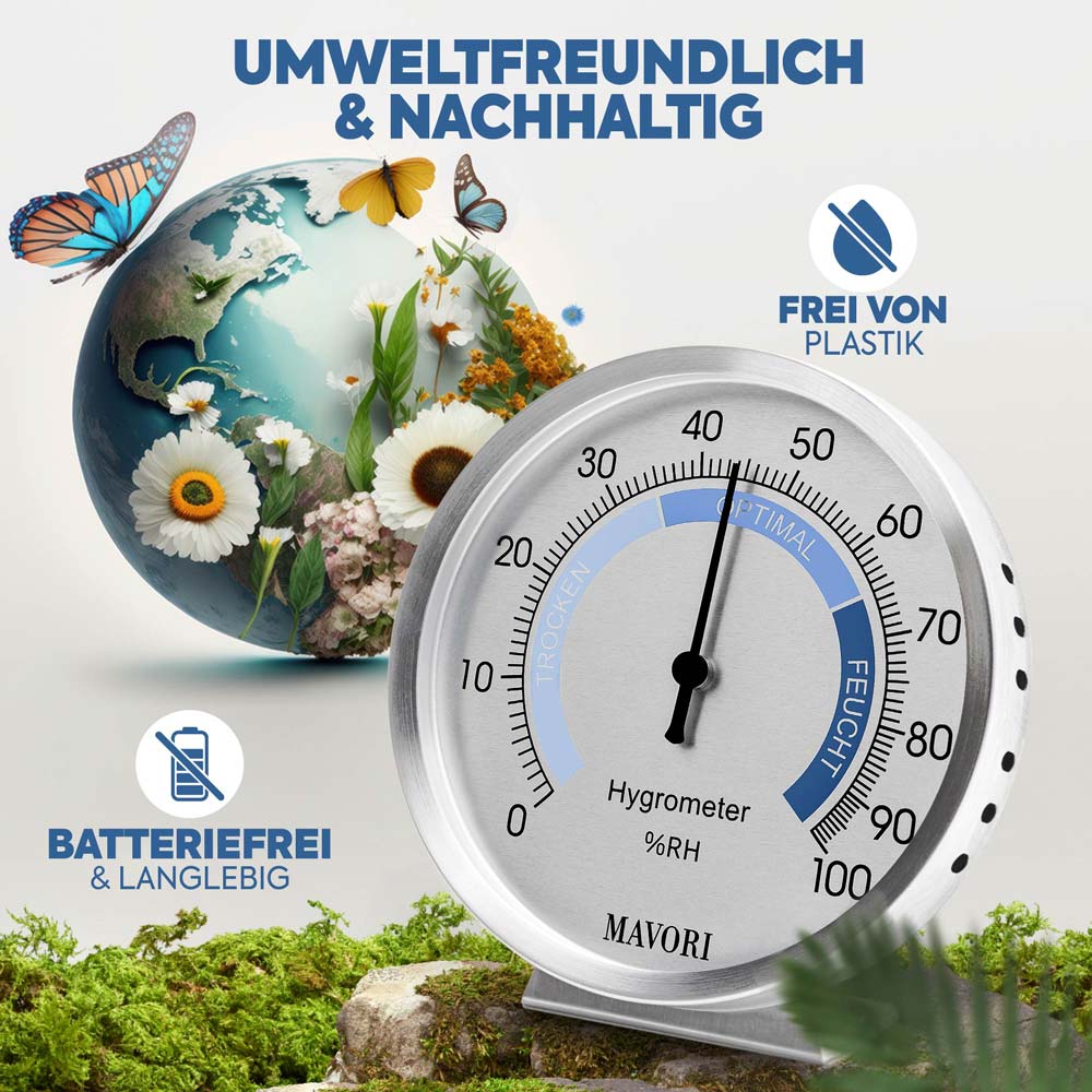 ANALOGER HYGROMETER aus Edelstahl - präzise & stilvoll - batteriefrei - Ø 9,5 cm