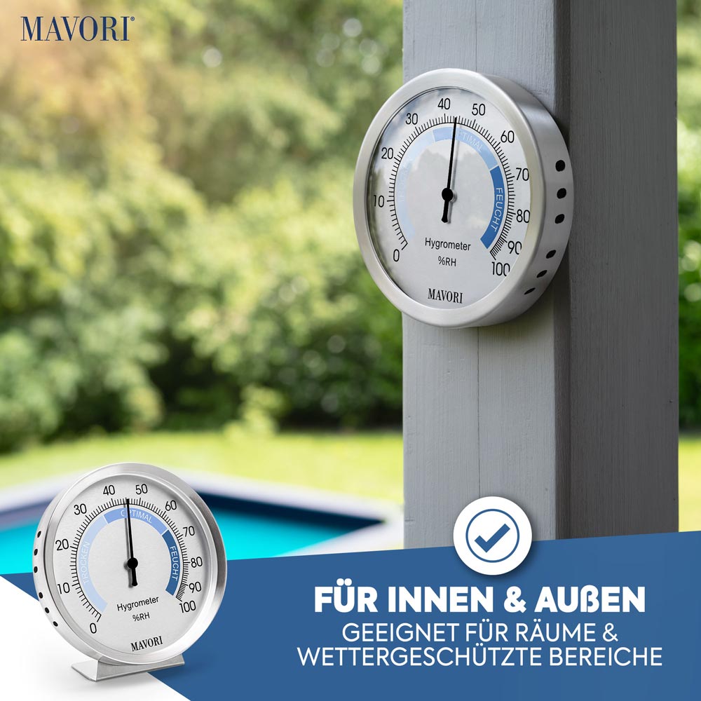 ANALOGER HYGROMETER aus Edelstahl - präzise & stilvoll - batteriefrei - Ø 9,5 cm