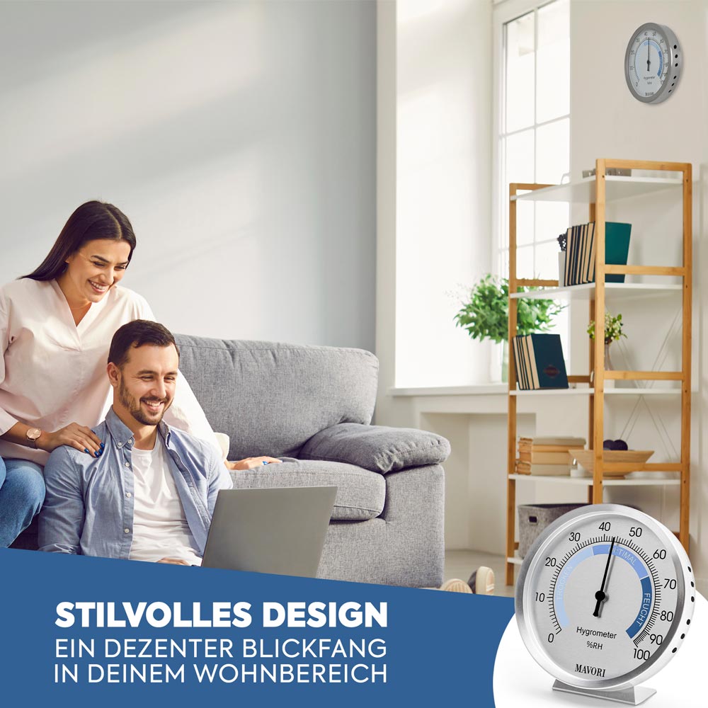 ANALOGER HYGROMETER aus Edelstahl - präzise & stilvoll - batteriefrei - Ø 9,5 cm
