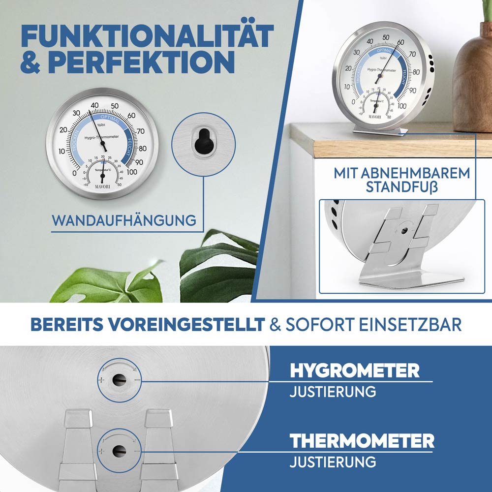 PROFI KLIMA-SET: ANALOGES HYGROMETER-THERMOMETER AUS EDELSTAHL & 10 x LUFTENTFEUCHTER-BEUTEL