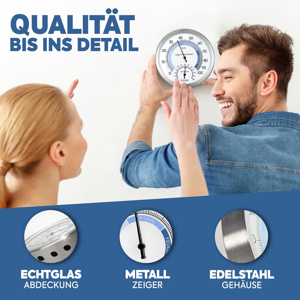 PROFI KLIMA-SET: ANALOGES HYGROMETER-THERMOMETER AUS EDELSTAHL & 10 x LUFTENTFEUCHTER-BEUTEL