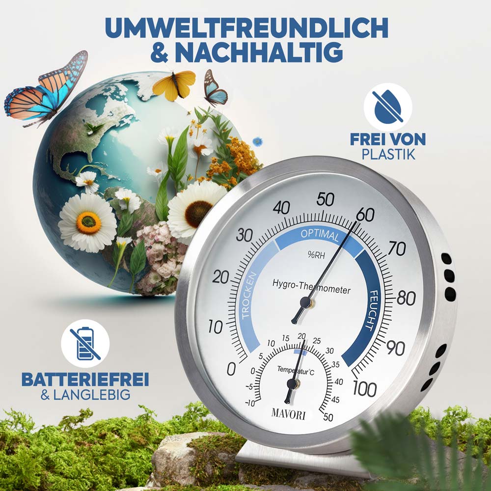 PROFI KLIMA-SET: ANALOGES HYGROMETER-THERMOMETER AUS EDELSTAHL & 10 x LUFTENTFEUCHTER-BEUTEL