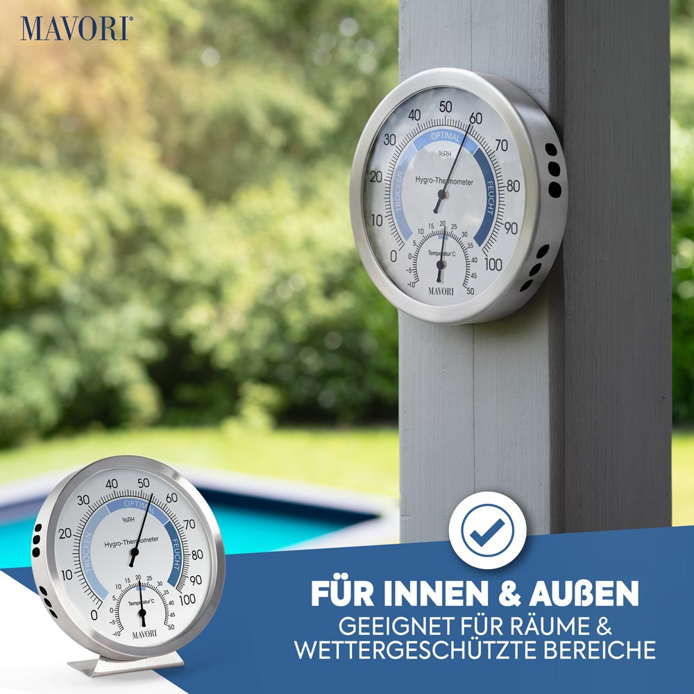 PROFI KLIMA-SET: ANALOGES HYGROMETER-THERMOMETER AUS EDELSTAHL & 10 x LUFTENTFEUCHTER-BEUTEL