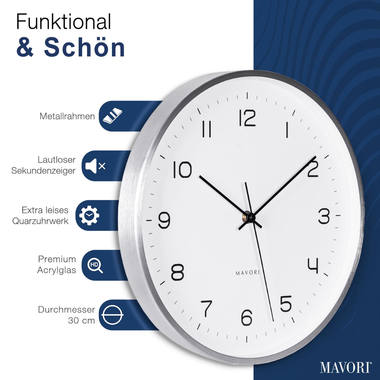 NEUES MODELL - ANALOGE WANDUHR mit Metallrahmen - lautlos und sehr stilvoll