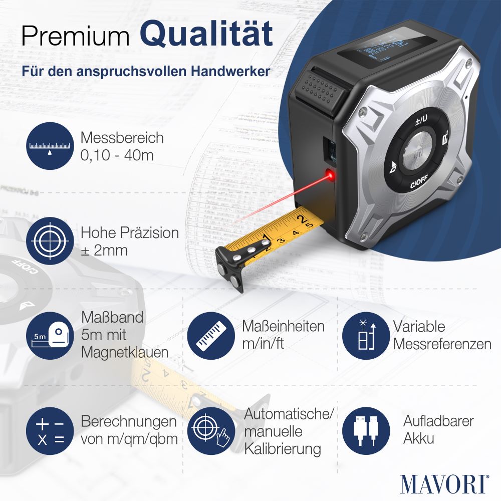 PREMIUM LASER ENTFERNUNGSMESSER MIT MAẞBAND - äußerst präzise und sehr robust