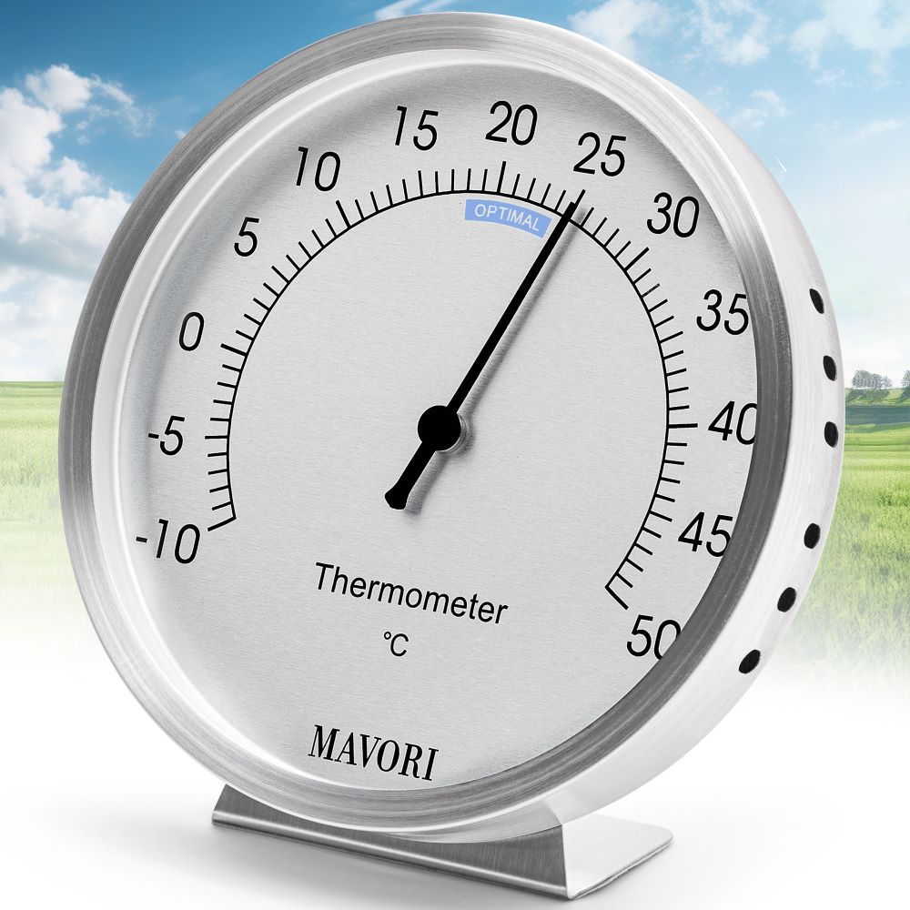 ANALOGES THERMOMETER aus Edelstahl - präzise & stilvoll - batteriefrei - Ø 9,5 cm