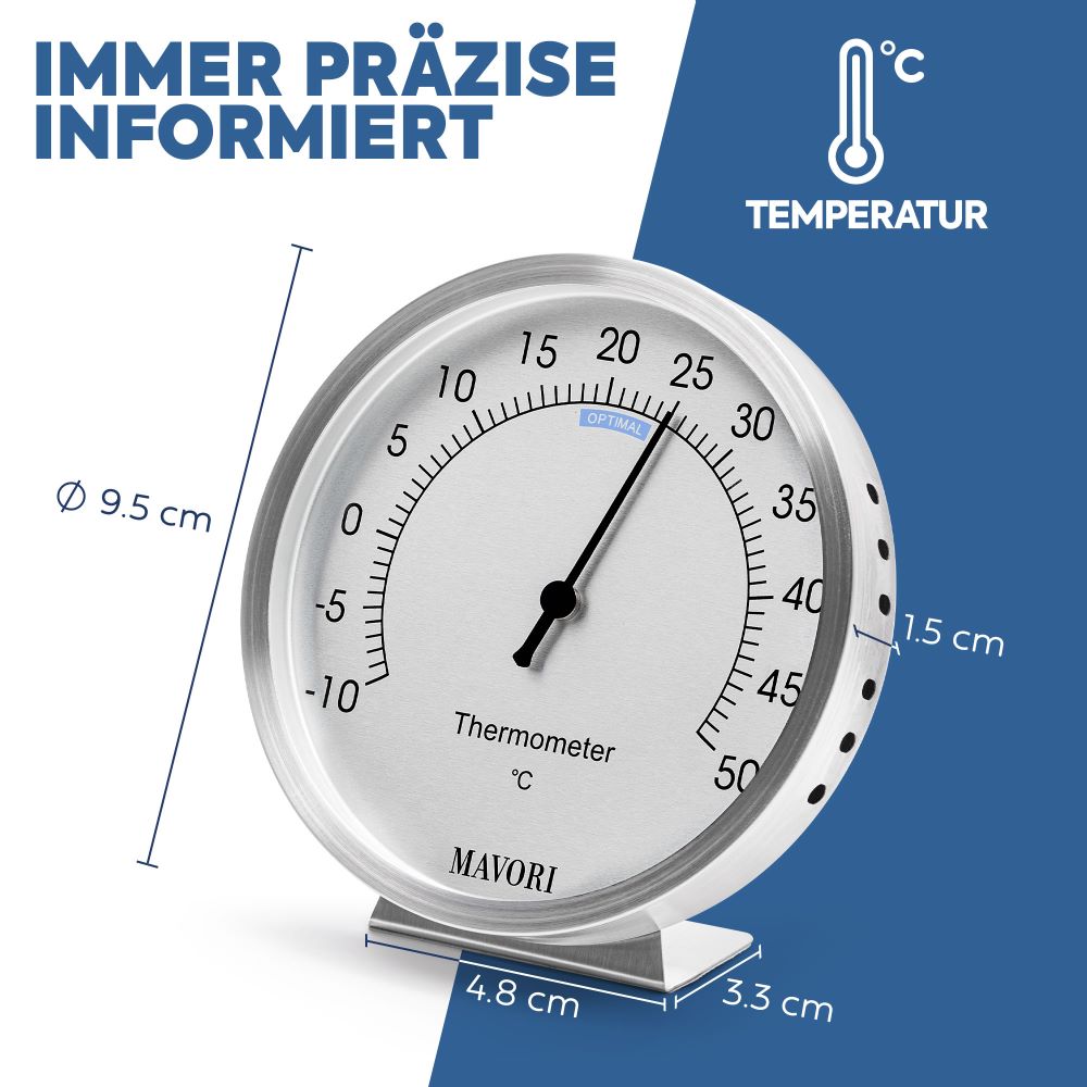 ANALOGES THERMOMETER aus Edelstahl - präzise & stilvoll - batteriefrei - Ø 9,5 cm