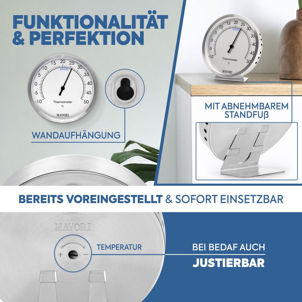 ANALOGES THERMOMETER aus Edelstahl - präzise & stilvoll - batteriefrei - Ø 9,5 cm