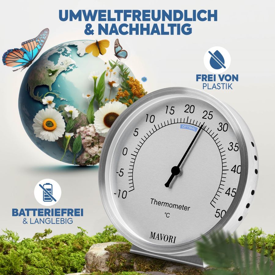 ANALOGES THERMOMETER aus Edelstahl - präzise & stilvoll - batteriefrei - Ø 9,5 cm