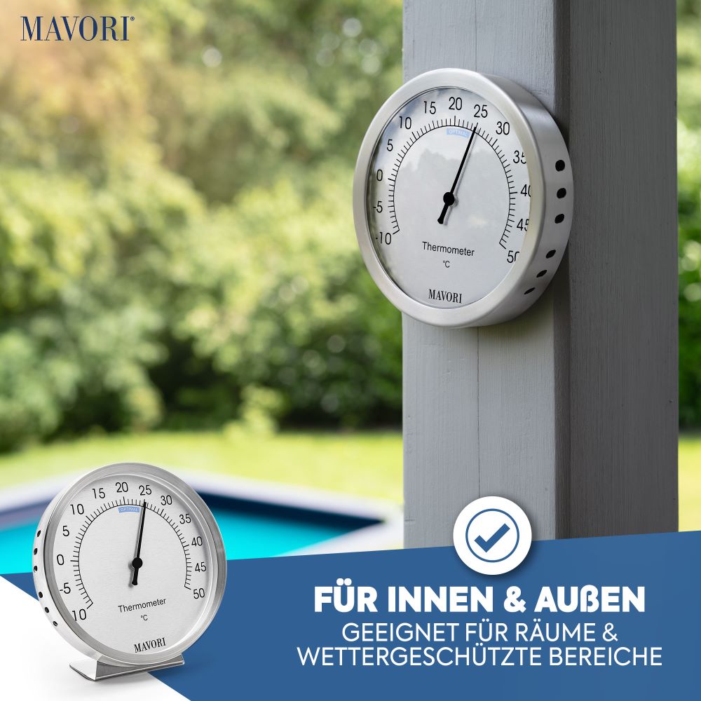 ANALOGES THERMOMETER aus Edelstahl - präzise & stilvoll - batteriefrei - Ø 9,5 cm