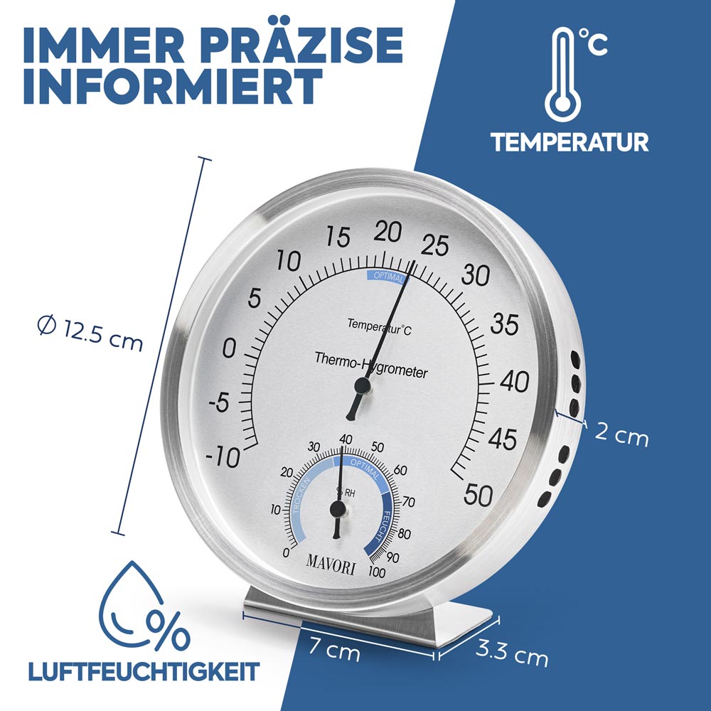 2 in 1 THERMOMETER & HYGROMETER aus Edelstahl - Funktional und Stilvoll - Ø 12,5 cm