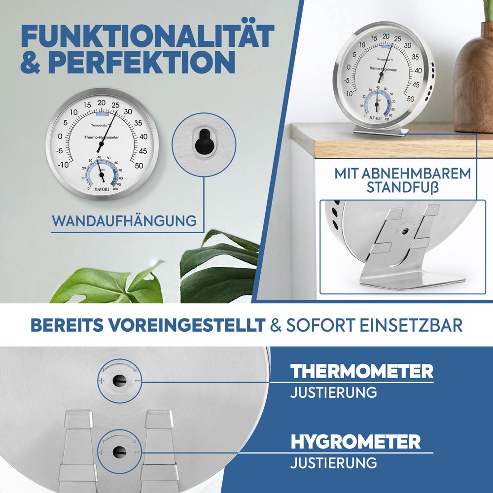 2 in 1 THERMOMETER & HYGROMETER aus Edelstahl - Funktional und Stilvoll - Ø 12,5 cm