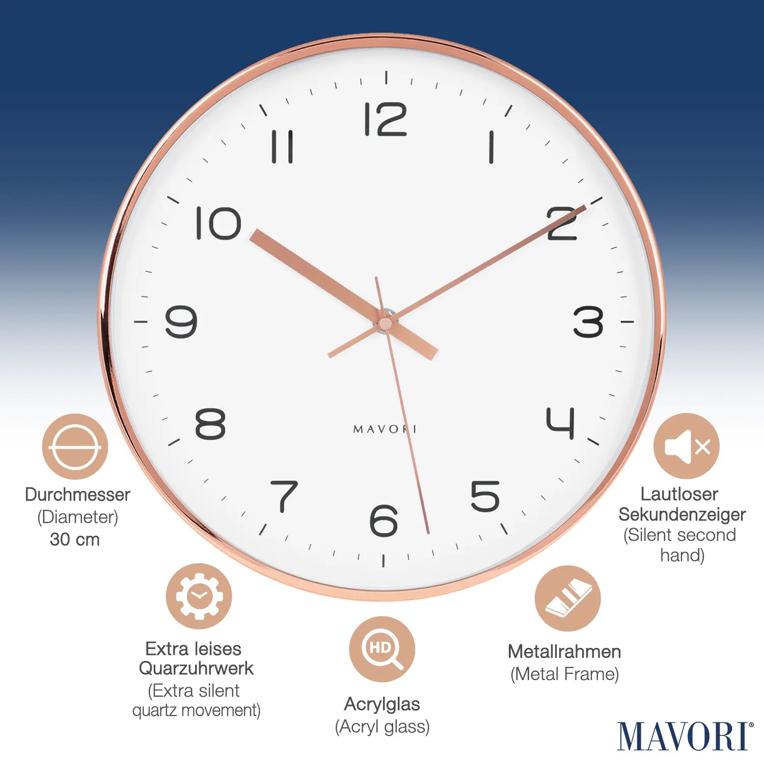 PREMIUM WANDUHR mit Metallrahmen - geräuschlos und sehr dekorativ