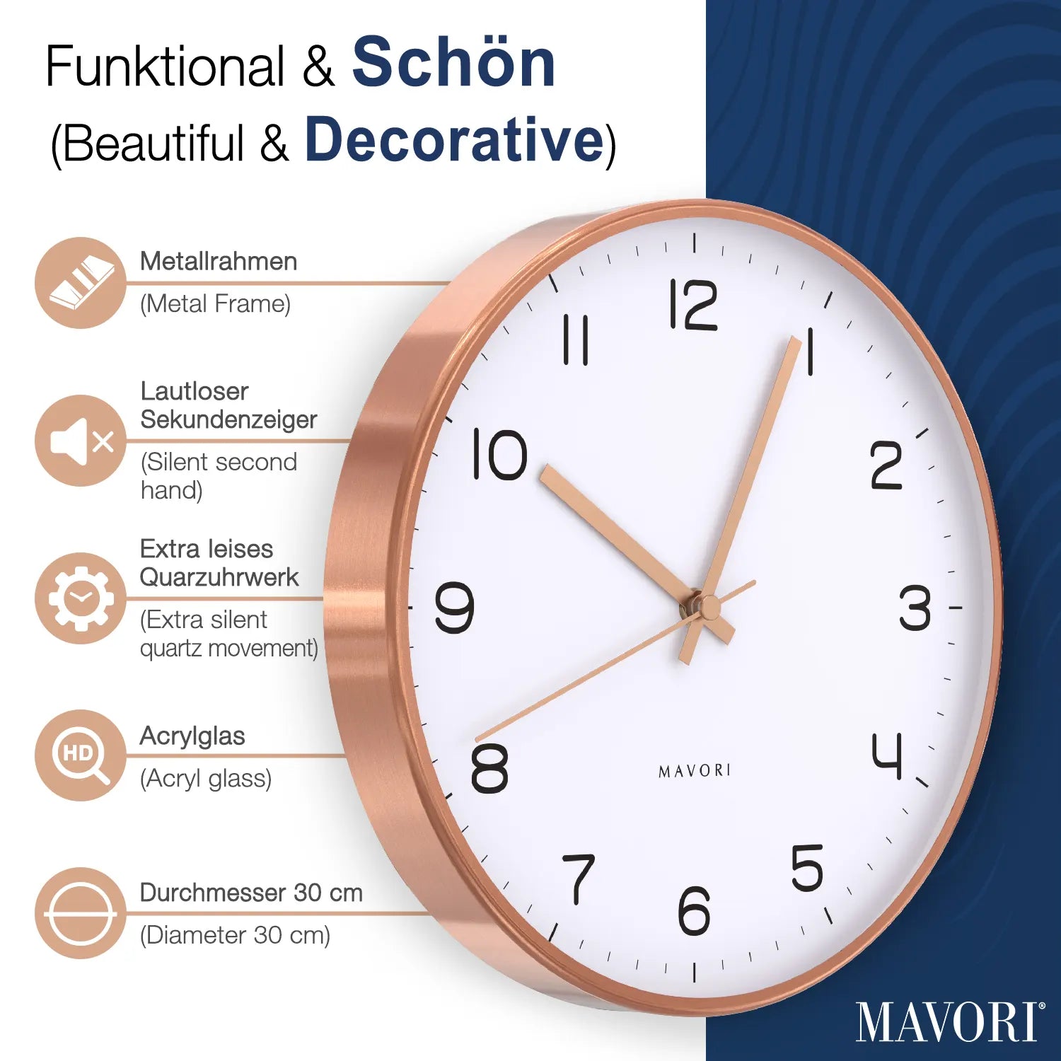 PREMIUM WANDUHR mit Metallrahmen - geräuschlos und sehr dekorativ