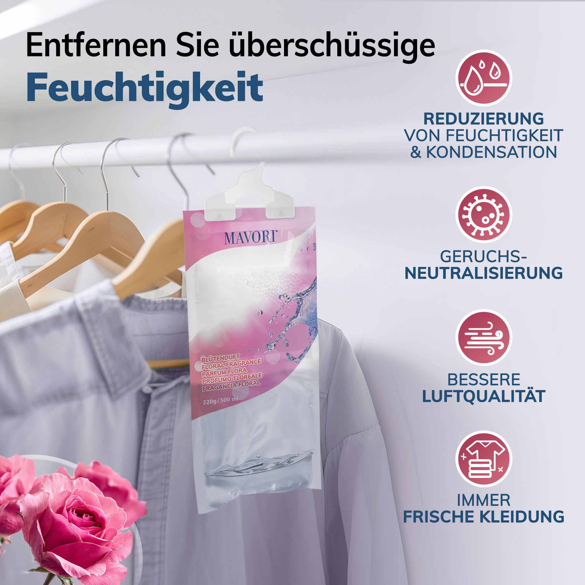 Luftentfeuchter zum Aufhängen - hilft gegen Feuchtigkeit, Schimmel und Gerüche - mit BLÜTENDUFT - NEU