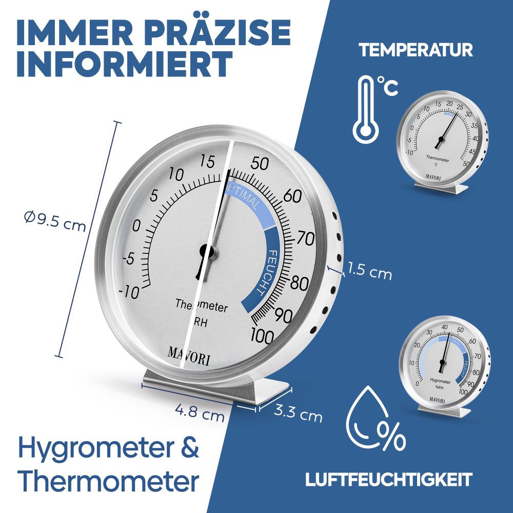 Das perfekte Duo für eine umfassende Kontrolle des Raumklimas: Hygrometer + Thermometer - Ø 9,5 cm