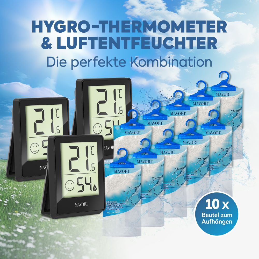 Klima-Kontroll-Set mit dem F.A.Z. Testsieger Hygro-Thermometer E0345 und XL Luftentfeuchter-Beutel gegen Schimmel