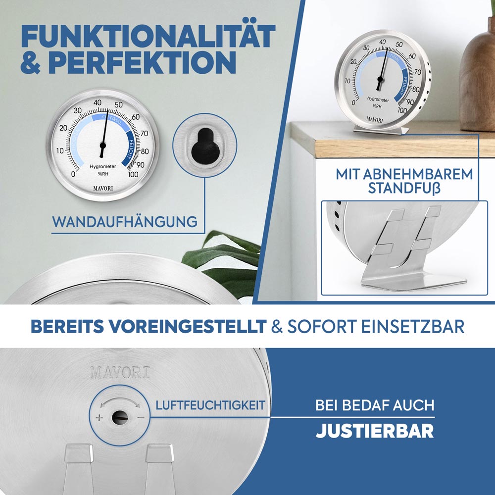 ANALOGER HYGROMETER aus Edelstahl -  präzise & stilvoll - batteriefrei - Ø 9,5 cm