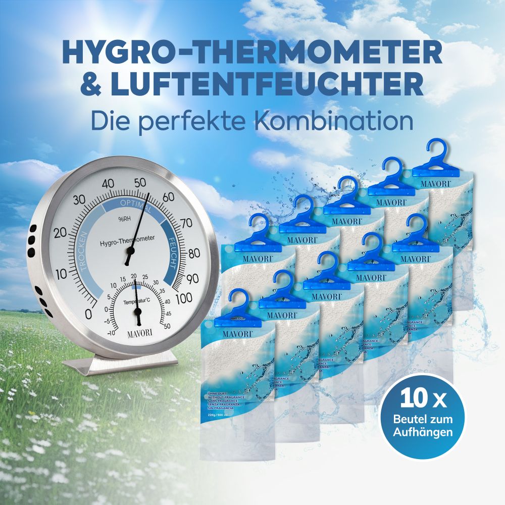 PROFI KLIMA-SET: ANALOGES HYGROMETER-THERMOMETER AUS EDELSTAHL & 10 x LUFTENTFEUCHTER-BEUTEL