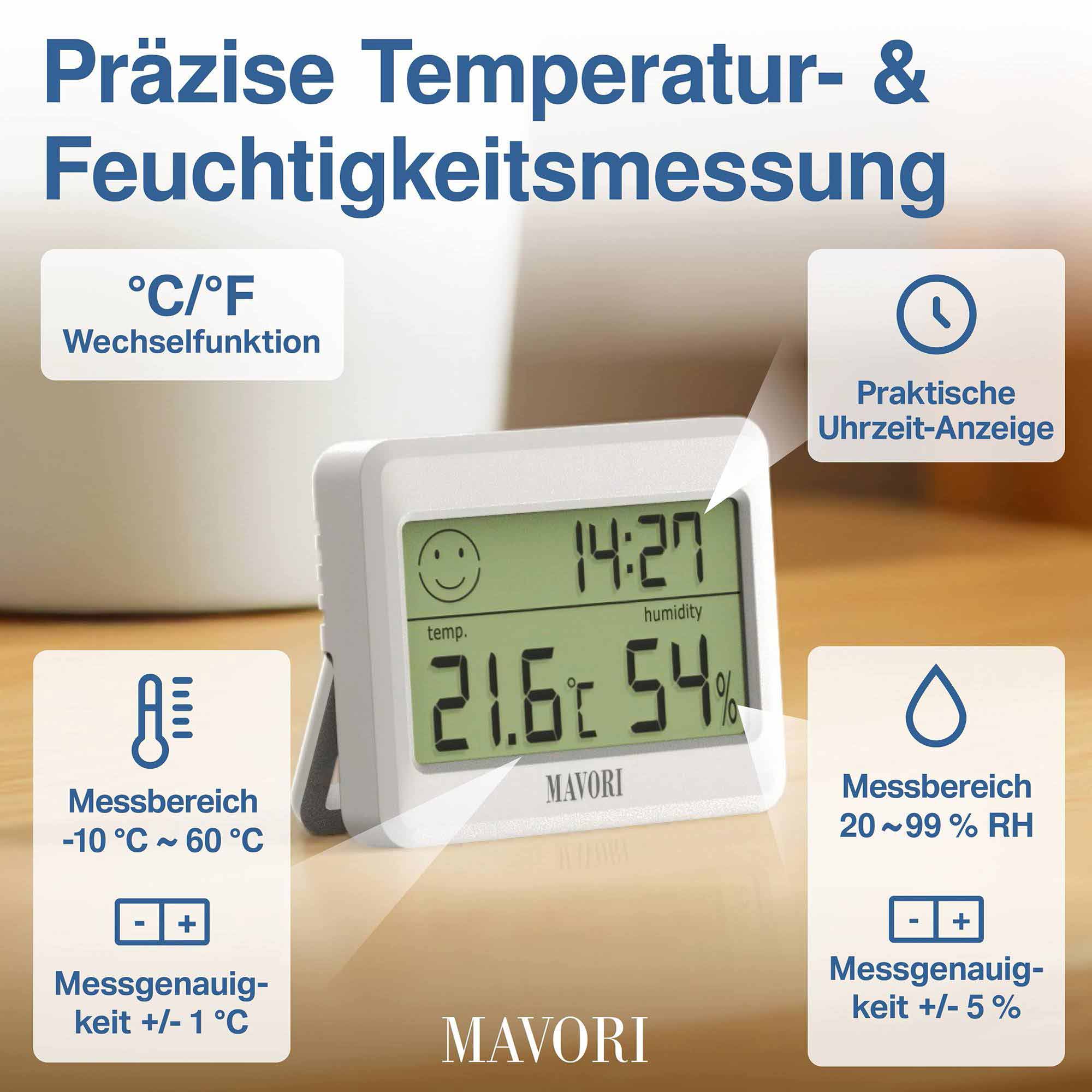 DIGITALER HYGRO-THERMOMETER inkl. UHR - kompakt und mit präzisen Messwerten - NEU